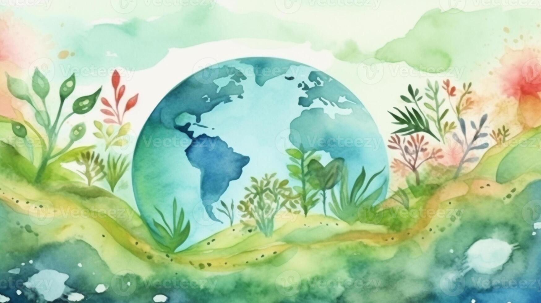 A watercolor painting of the earth with plants and a green planet save the world Eco earth. photo