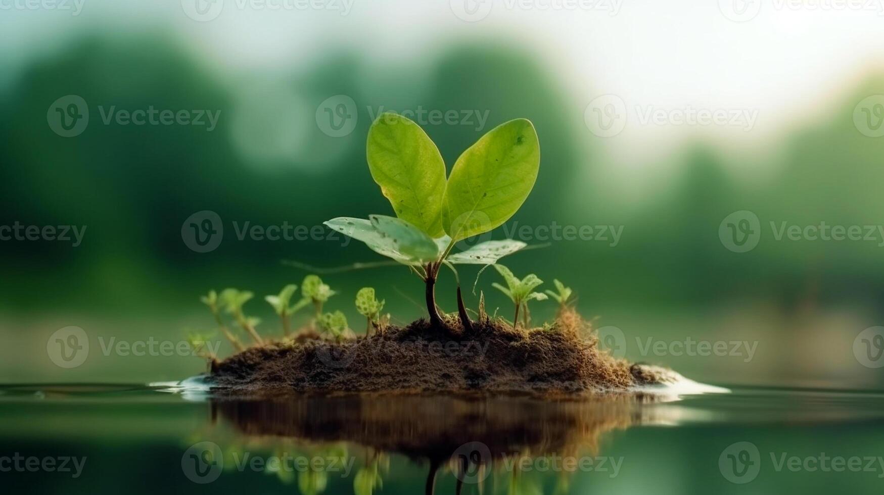 A small island with a plant growing out of it, save the earth Eco world to have a green planet. photo