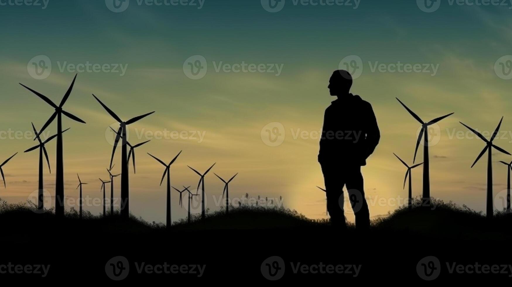 A man stands in front of a wind farm at sunset, saving the Earth Eco world, having a green planet. photo