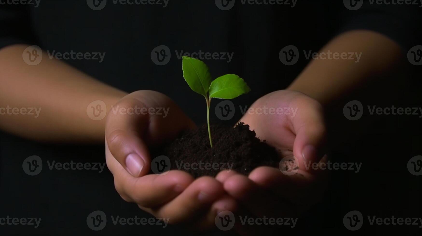 A person holding a small plant in their hands saves the Earth Eco world, having a green planet. photo