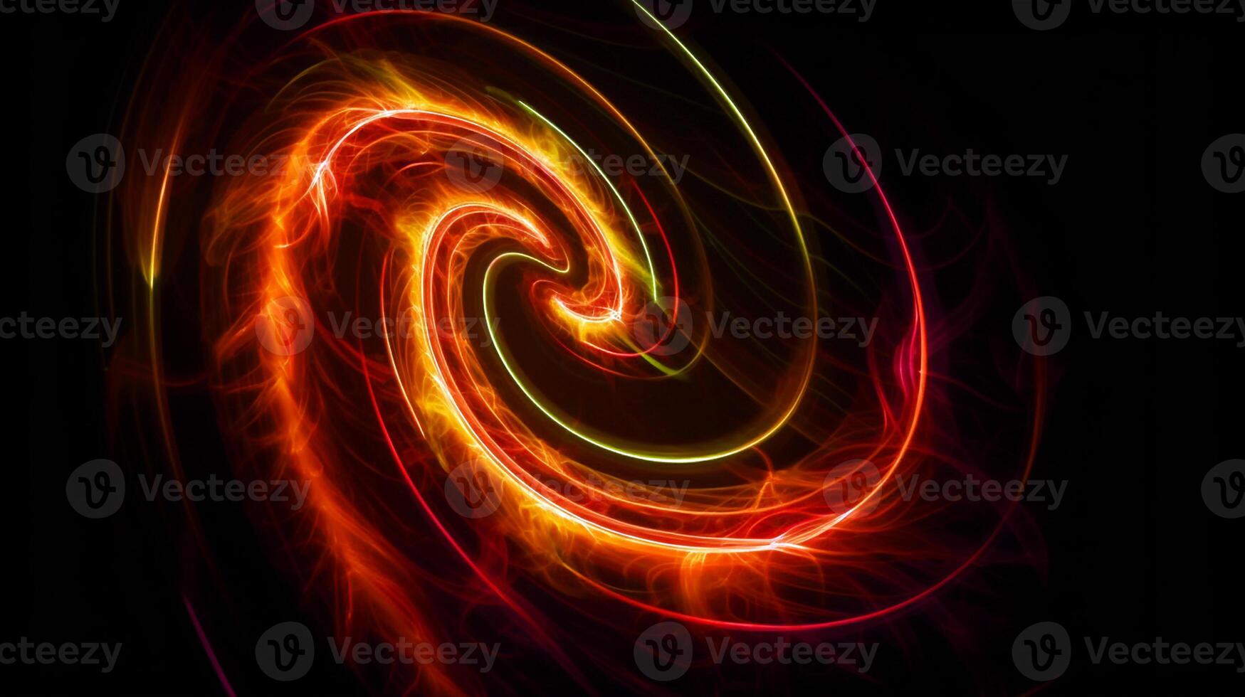 A red and yellow swirl of light is shown against a black background. photo
