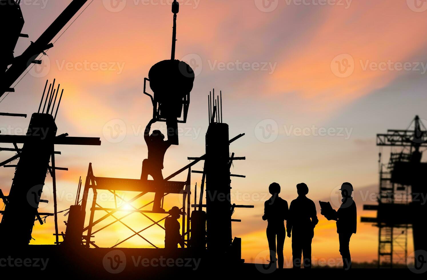 Silhouette of Engineer and worker team checking project at building site background, construction site with sunset in evening time background photo
