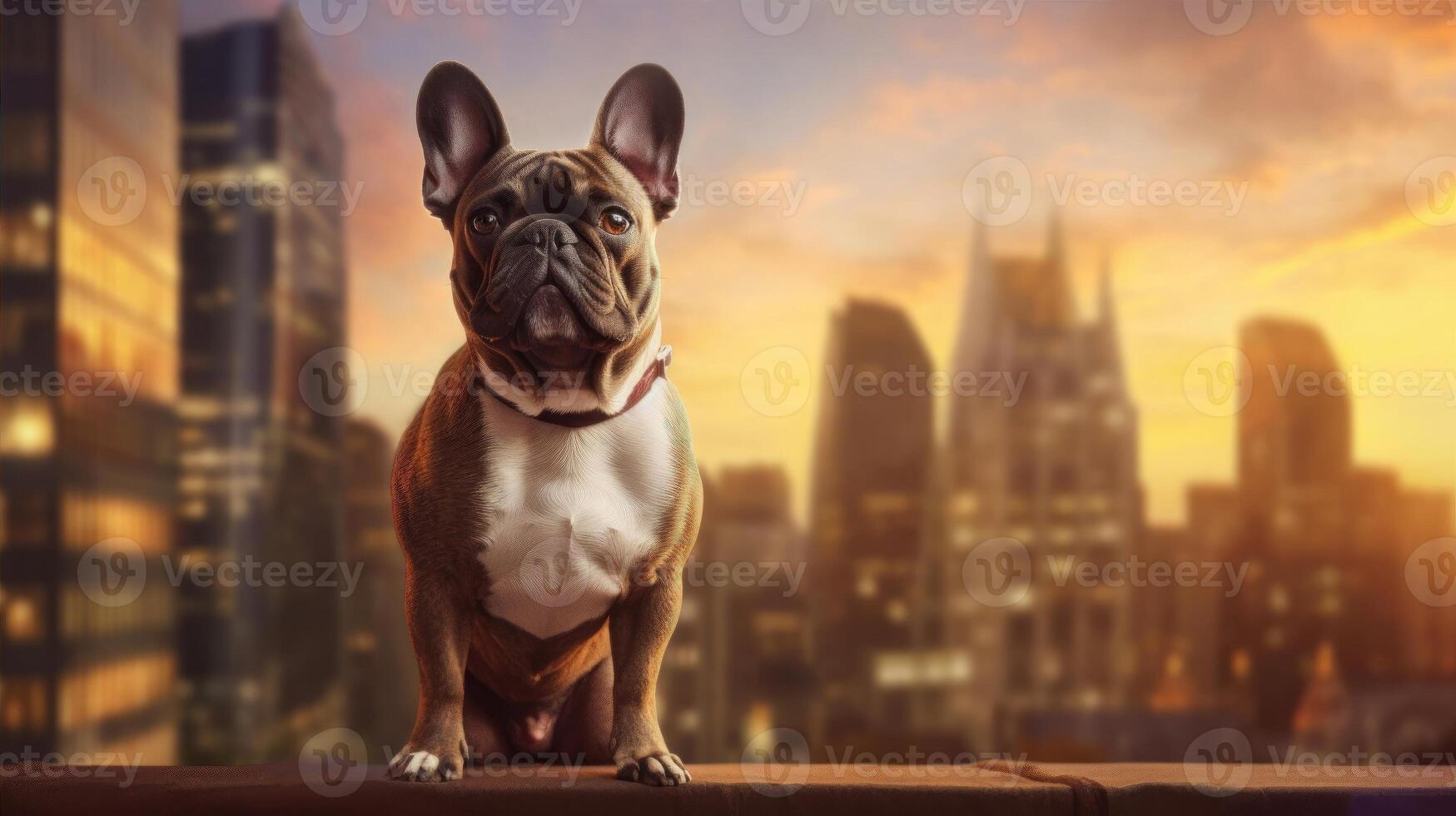 cute french bulldog on the background of the city copy space, the concept of love and care for animals, photo