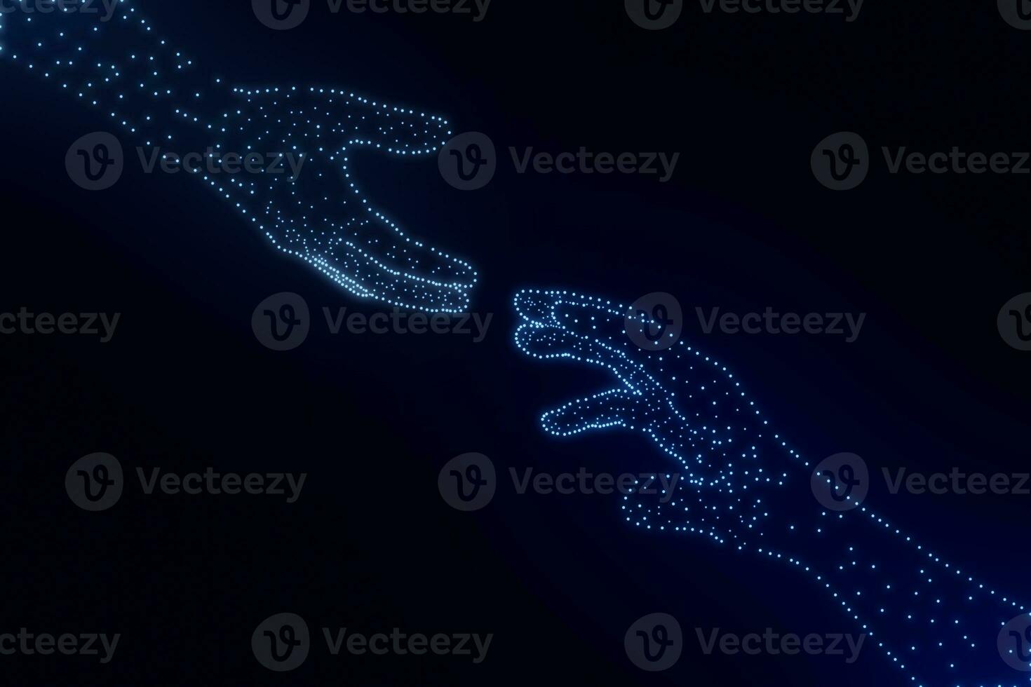 Help, friendship support concept. Hand of glowing particles reaching, giving a helping hand, hope and support each other on dark background. photo