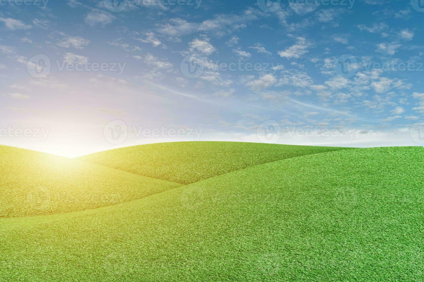Green grass field and blue sky with white clouds. Beautiful natural meadow landscape photo