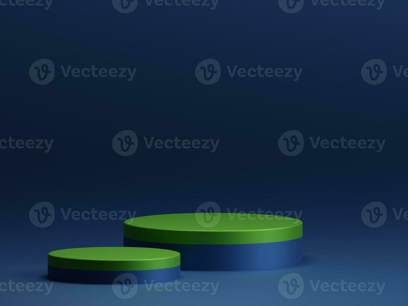 3D rendering elegant green surface double rounded podium for product display on empty dark blue background. 3D mockup illustration photo