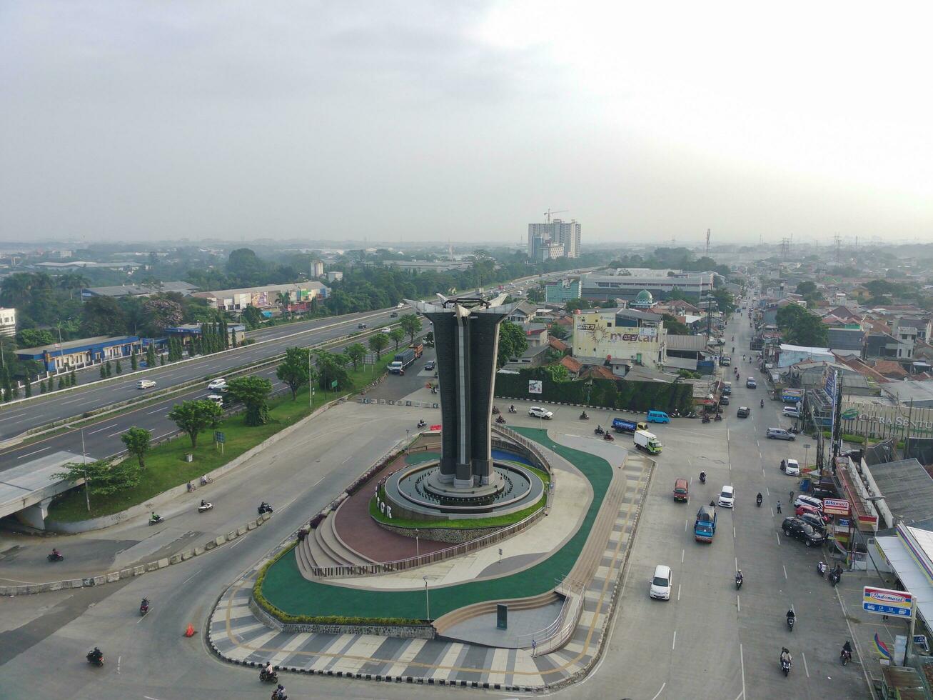 Bogor, Indonesia - 2022. aerial view of Tugu Pancakarsa in the morning at the crossroads photo