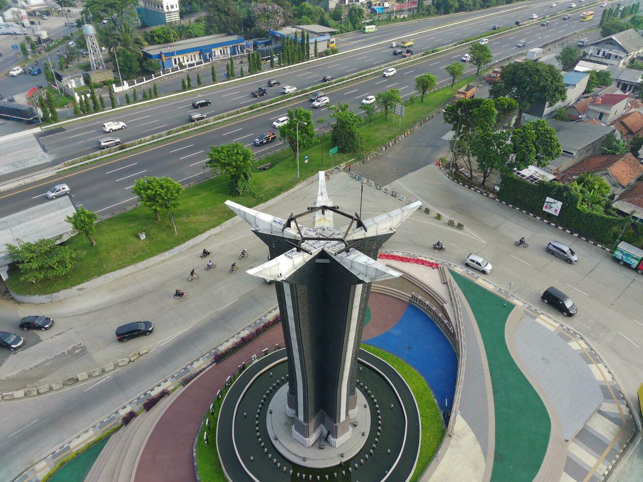 Bogor, Indonesia - 2022. aerial view of Tugu Pancakarsa in the morning at the crossroads photo