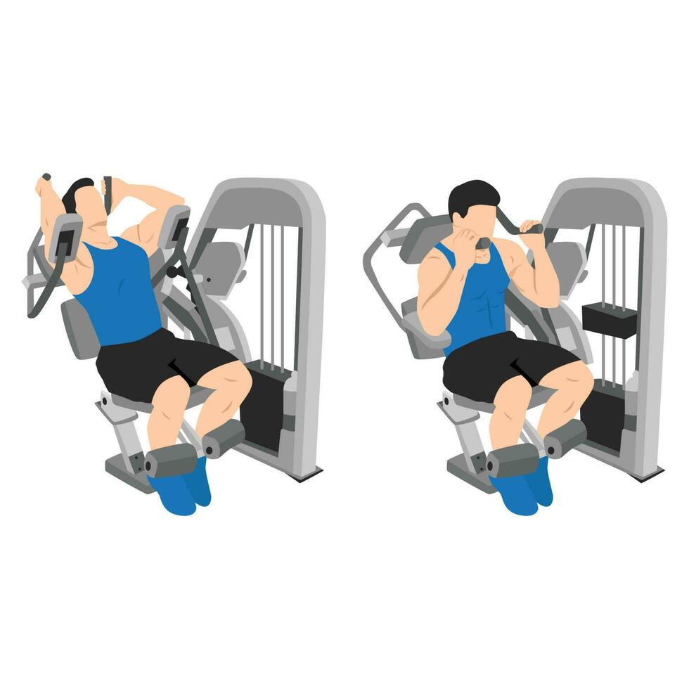 Young man exercise with abs muscles on press machine, Man working out with ab crunch machine. vector
