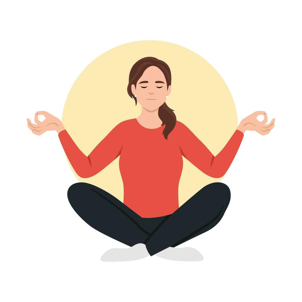Woman practicing mindfulness meditation, she is sitting in the lotus position and she is surrounded by health and wellness concepts vector