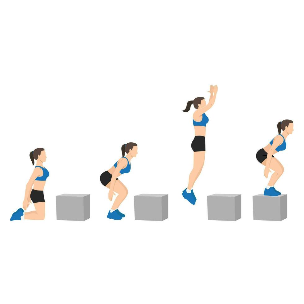 Woman doing knee to box jump squat or power jump exercise. vector