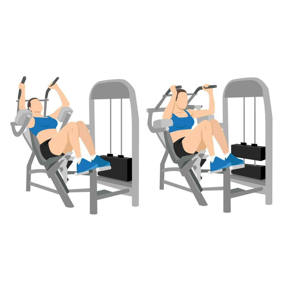 Young woman exercise with abs muscles on press machine, Woman working out with ab crunch machine. vector
