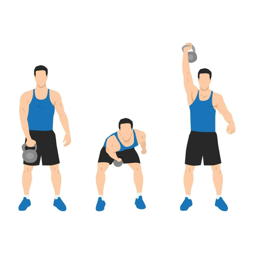 Man doing one arm kettlebell snatch exercise. vector