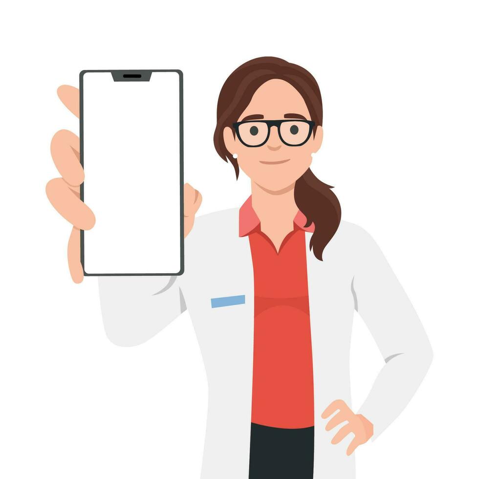 hembra médico participación teléfono con blanco pantalla vector