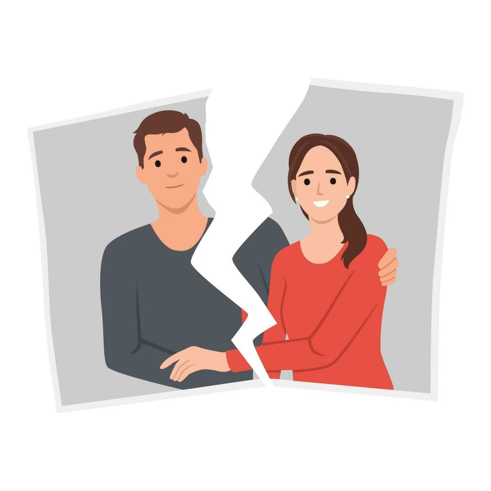 Couple conflict concept. Woman crying hand ripping photo of the couple vector illustration. portrait of happy spouses or picture with family memories.
