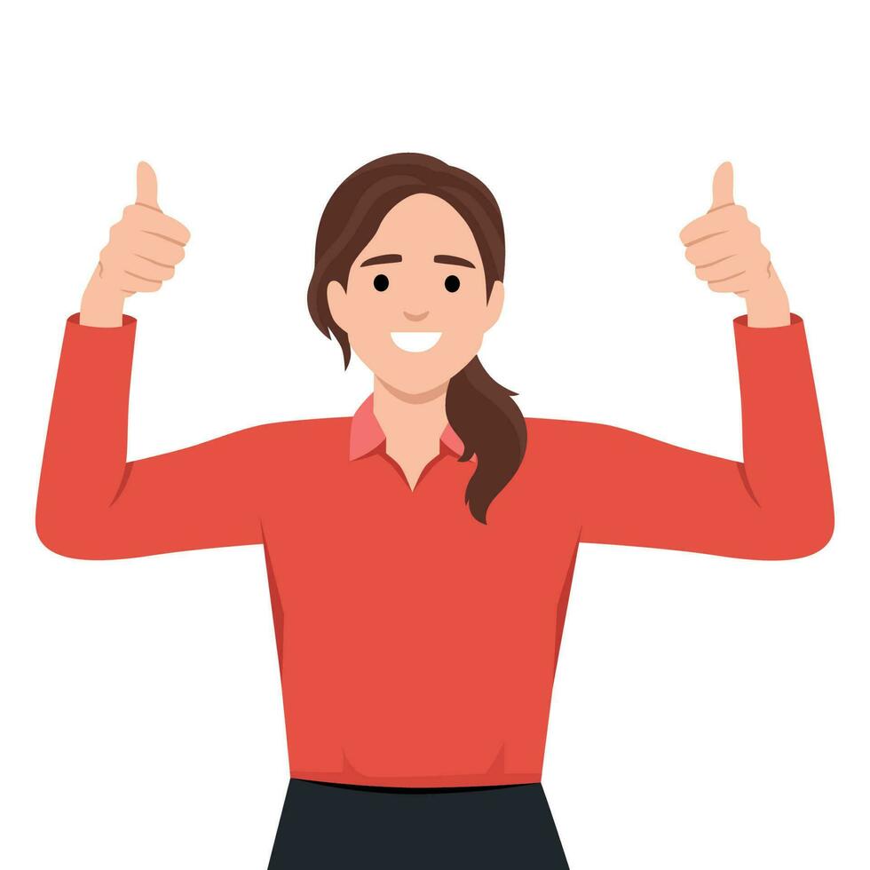 Like sign, joy, approval, happiness concept. Young happy smiling woman or girl teenager cartoon character showing thumbs up. Success and goal vector