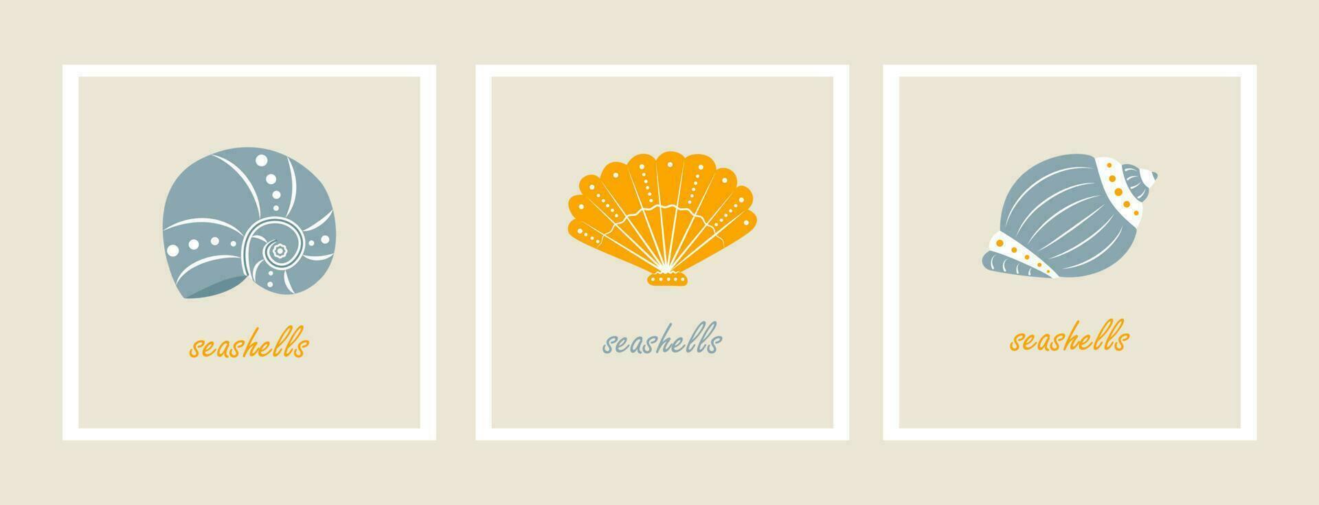 Set of retro posters with seashells in minimalist style. Organic shapes abstract hand drawn vector