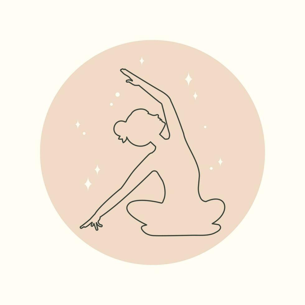 Girl in lotus position makes tilt to side. Silhouette, symbol, logo, emblem, icon for web design, social media stories. Trendy minimal lineart style. Woman practices yoga asanas. Vector in boho style