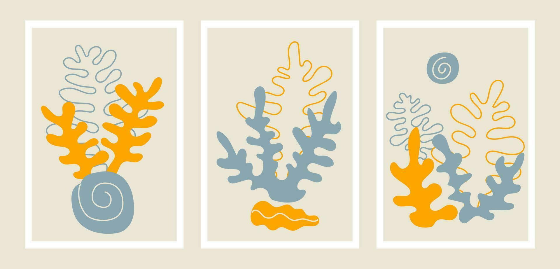 Corals and seashells, abstract posters in minimalist style. Organic shapes hand drawn vector