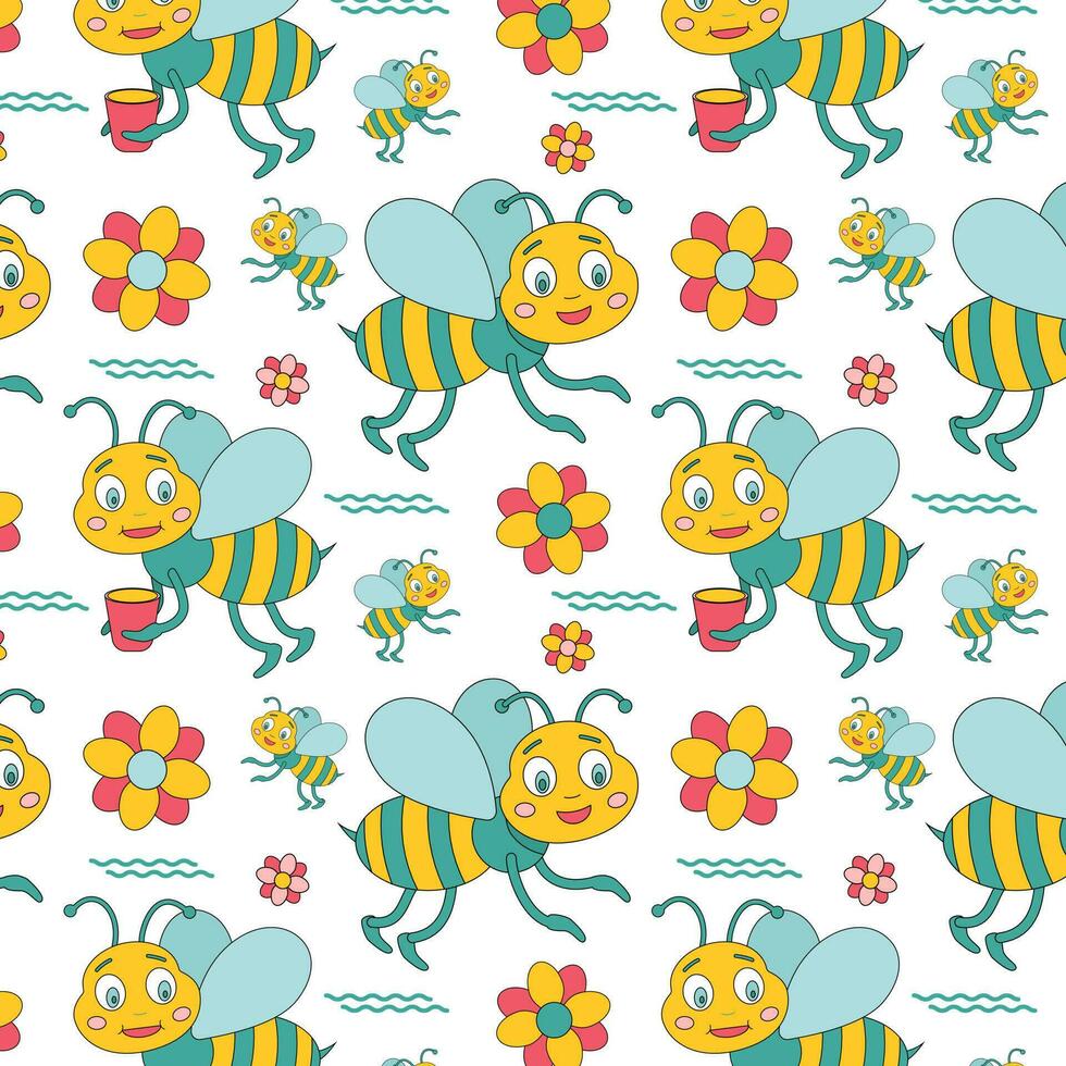 Seamless pattern with cute bee collecting honey. Funny cartoon characters. Background for fabrics, textiles, wallpaper, paper. Decoration of baby room, children's clothes, books. Vector illustration