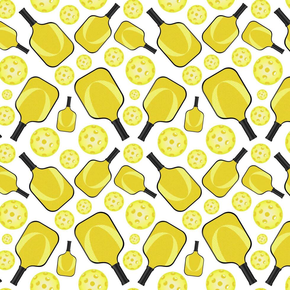 Pattern with bright yellow fashionable racket and pickleball ball. Pickleball Sports equipment for outdoor games vector