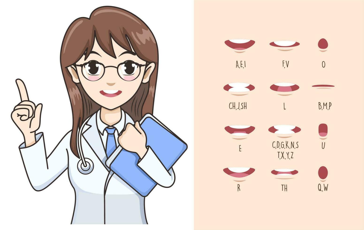 female doctor lip sync. Lip sync collection for animation. male mouth animation. Phoneme mouth chart. Alphabet pronunciation. Vector illustration.