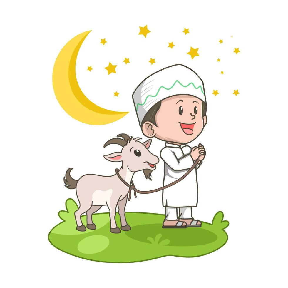 Muslim boy grazing a goat on the lawn vector