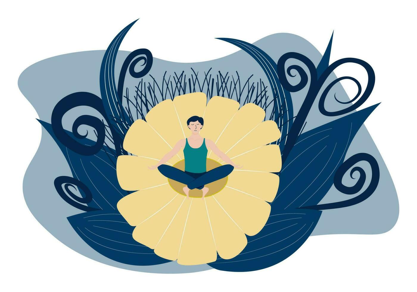 a man meditates sitting in a lotus position on a flower surrounded by plants vector