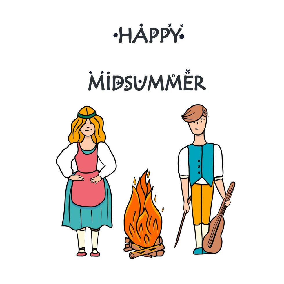 Happy Midsummer greeting poster. Cartoon swedish traditional dressed characters and text Happy  Midsummer. Template for Sweden longest summer day holiday banner. Hand drawn vector illustration.