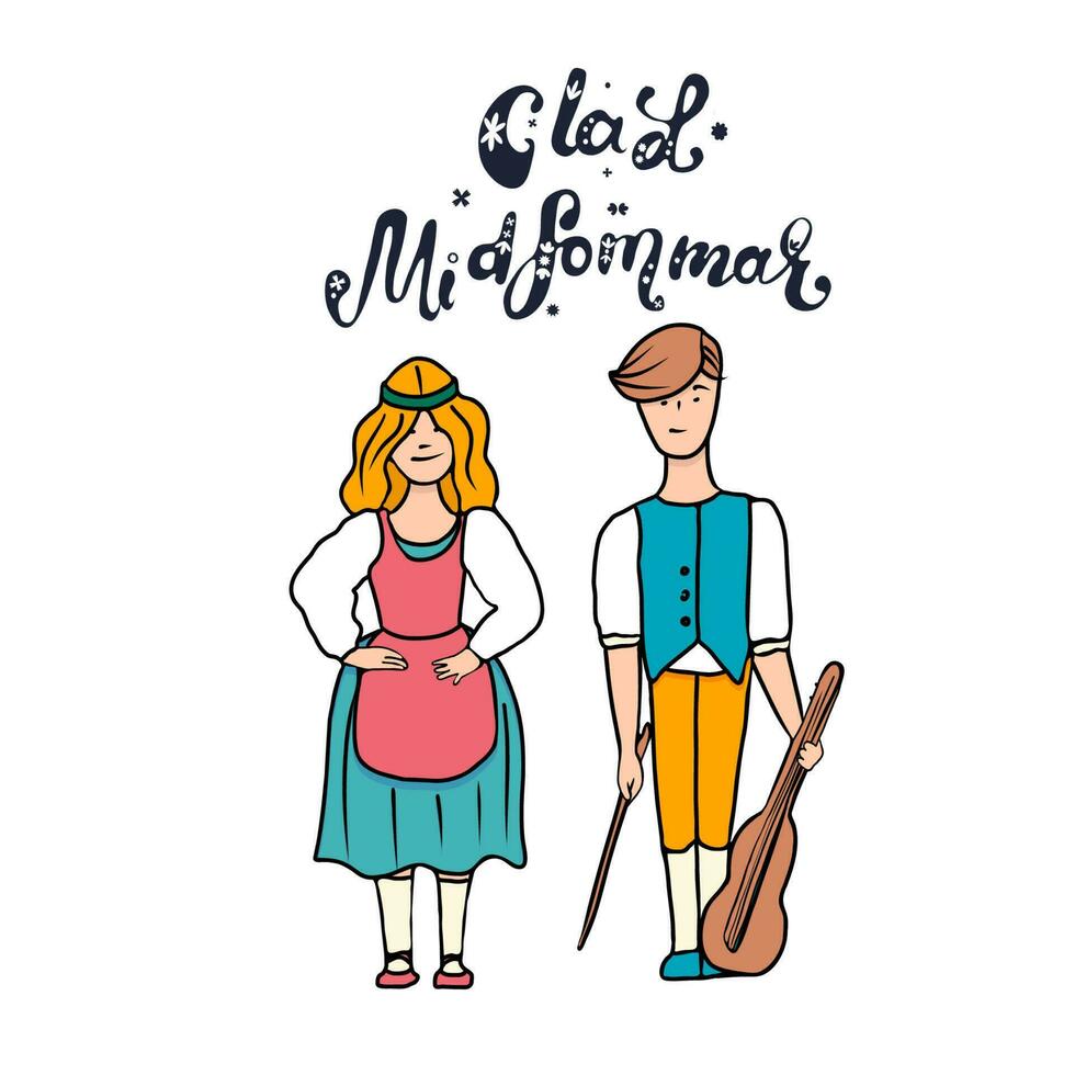 Happy Midsummer greeting poster. Cartoon swedish traditional dressed characters and lettering Glad Midsommar. Template for Sweden longest summer day holiday banner. Hand drawn vector illustration.