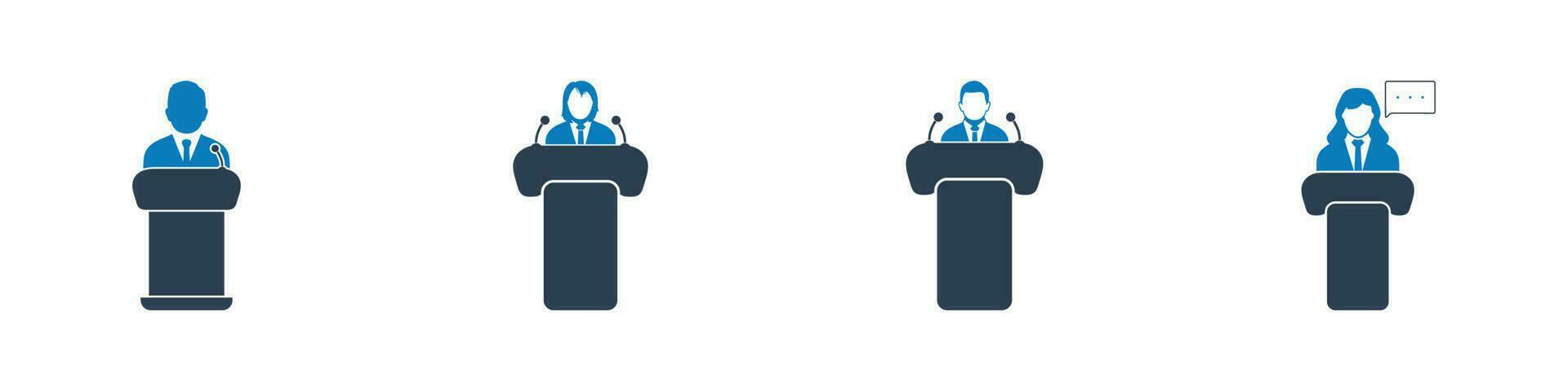 Public Speaking Icon Set. Collection of Leader, Speaker, Microphone, Podium, Presentation, Seminar, Conference, President, Politician and More Icons. Editable Flat Vector Illustration.