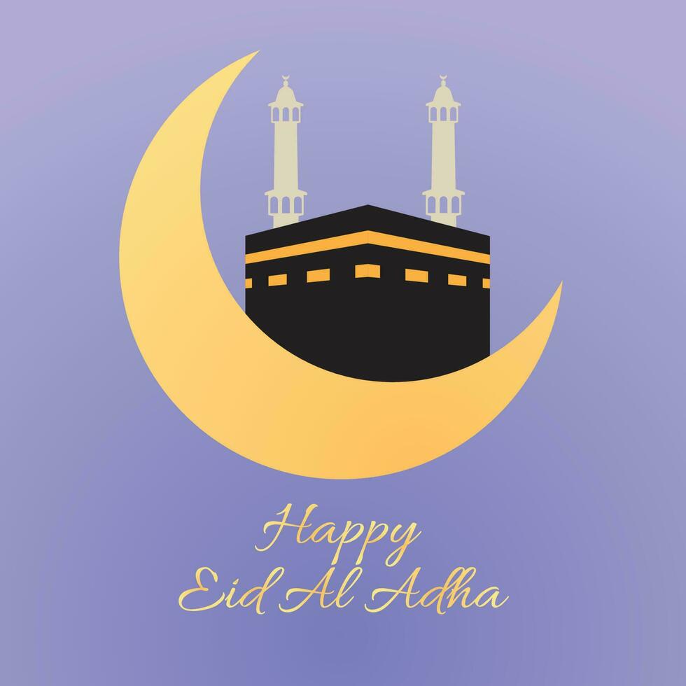 eid al adha greeting card for social media post kabah hajj makah and crescent moon vector