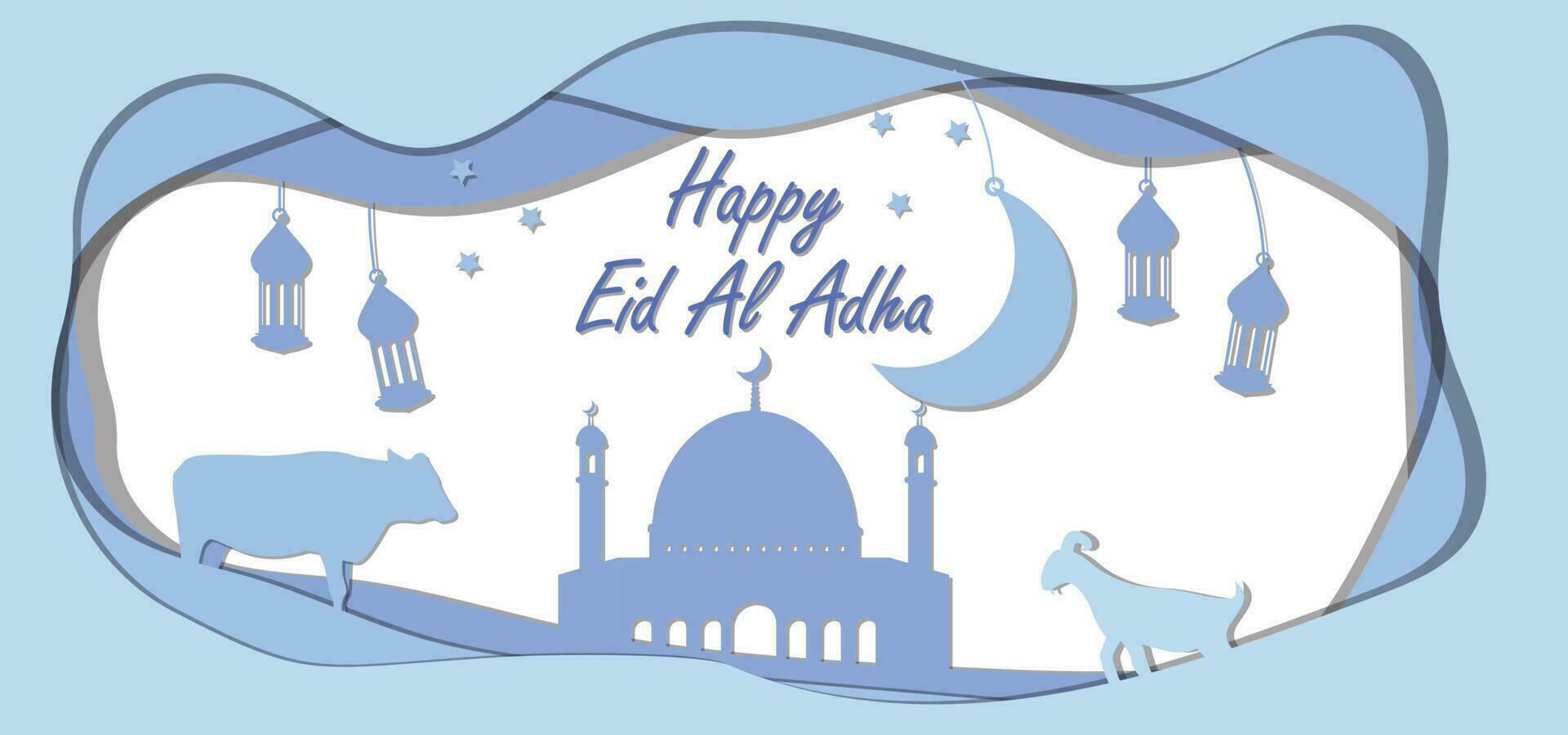 eid al adha greeting paper cut blue color vector