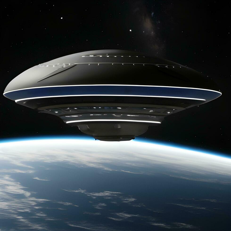 Extraterrestrial starship, UFO, entering in Earth's orbit. Generative Artificial Intelligence. photo