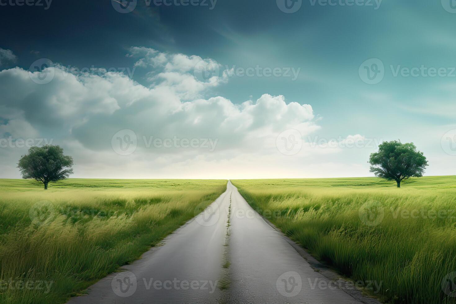 The landscape of grass fields and blue sky road leading off into the distance. . photo