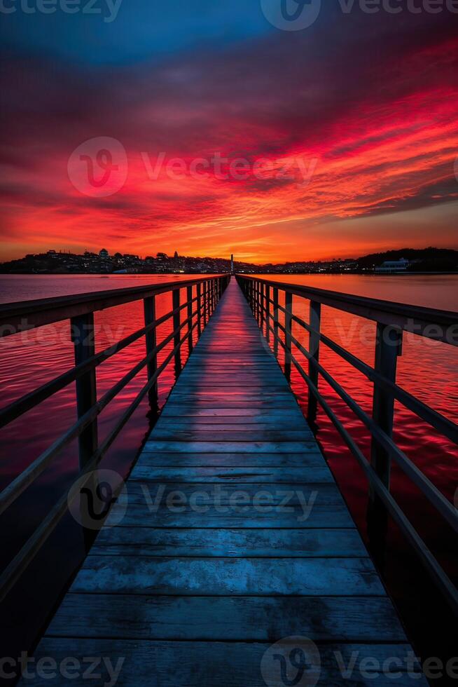 Wooden plank walkway leading to a beautiful sunset on the lake. Generative Ai. photo