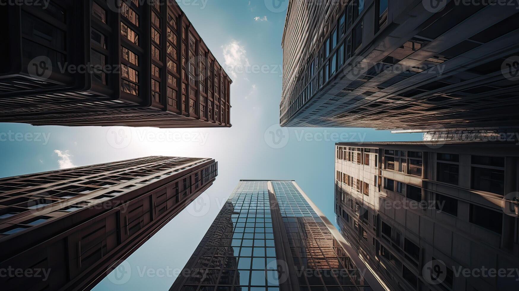 Bottom view of modern skyscrapers in business district. . photo