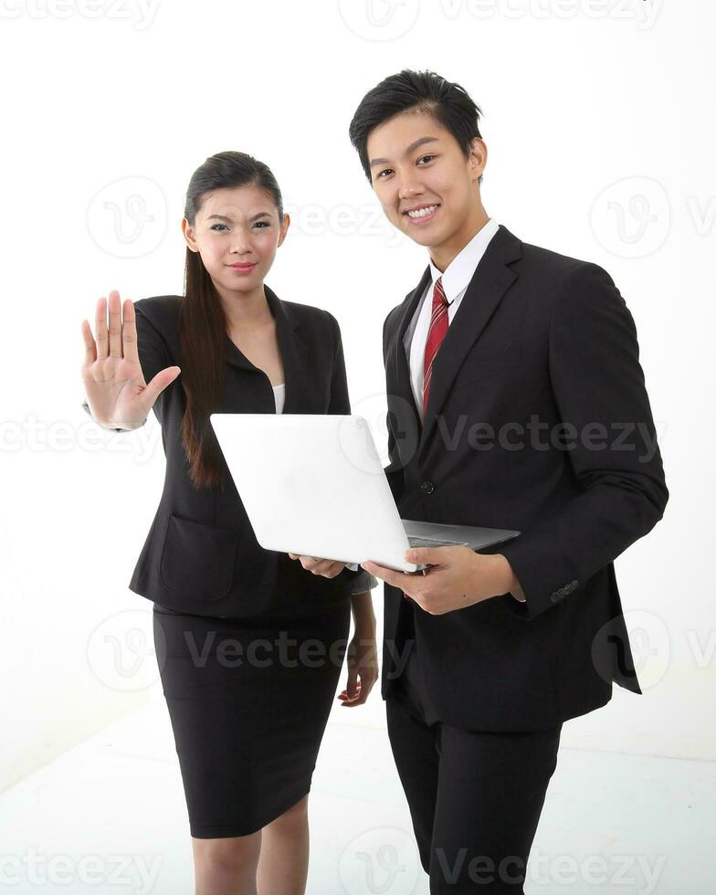 South east Asian young Chinese Indian man woman wearing formal business office ware on white background pose expression photo