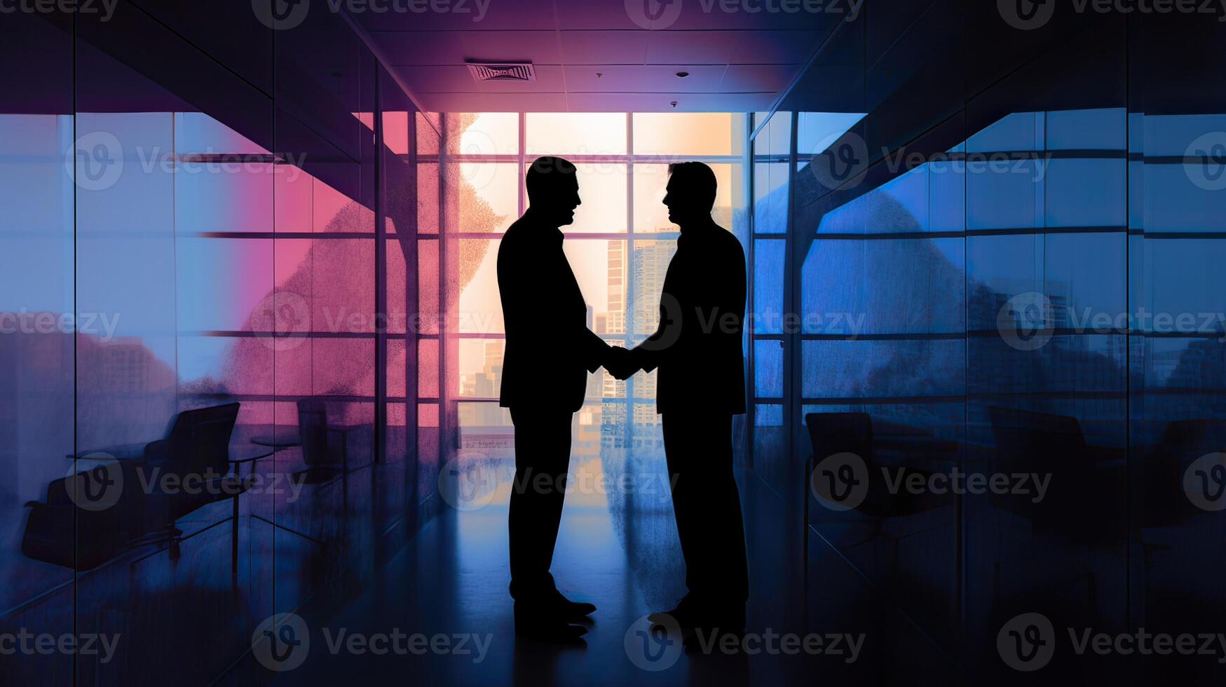 silhouettes two businessmen handshake in cooperation agreement concept at office and successful business partner. business man shaking hands to seal a deal with his partner. . photo