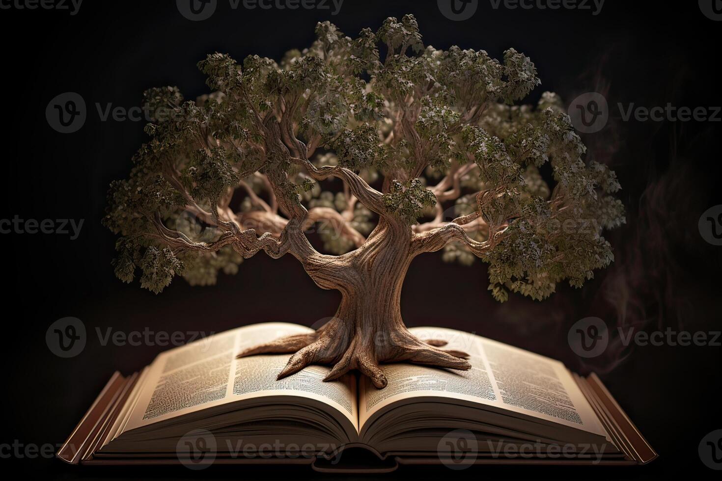 education concept with tree of knowledge planting on opening old big book in library with textbook, stack piles of text archive and aisle of bookshelves in school study class room. . photo