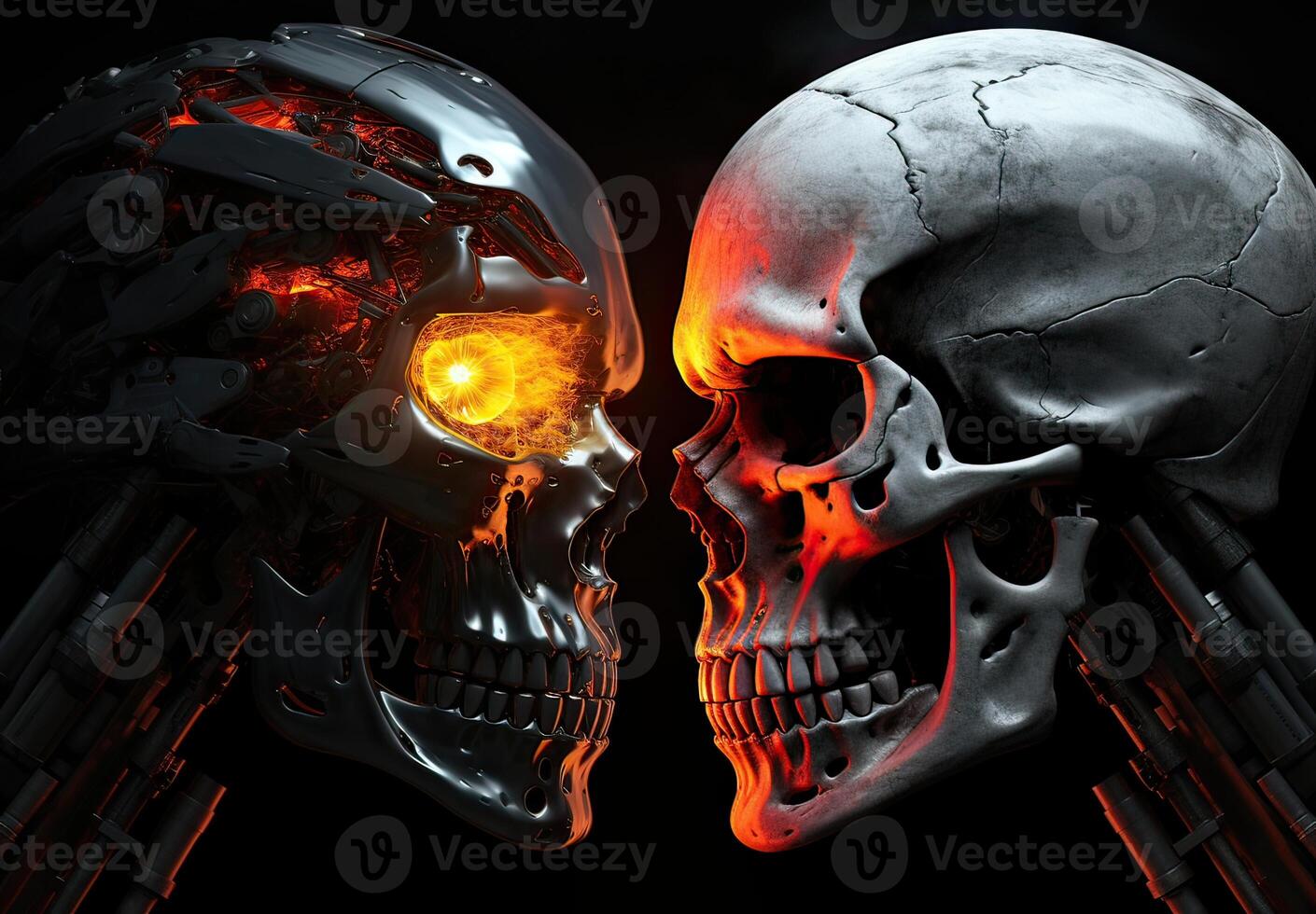 Two skulls terminator look at each other black background. . photo