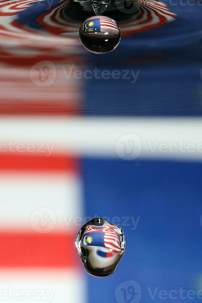 Water droplet drop splash collision dripping pillar Malaysia Flag reflection refraction independence country patriot photo