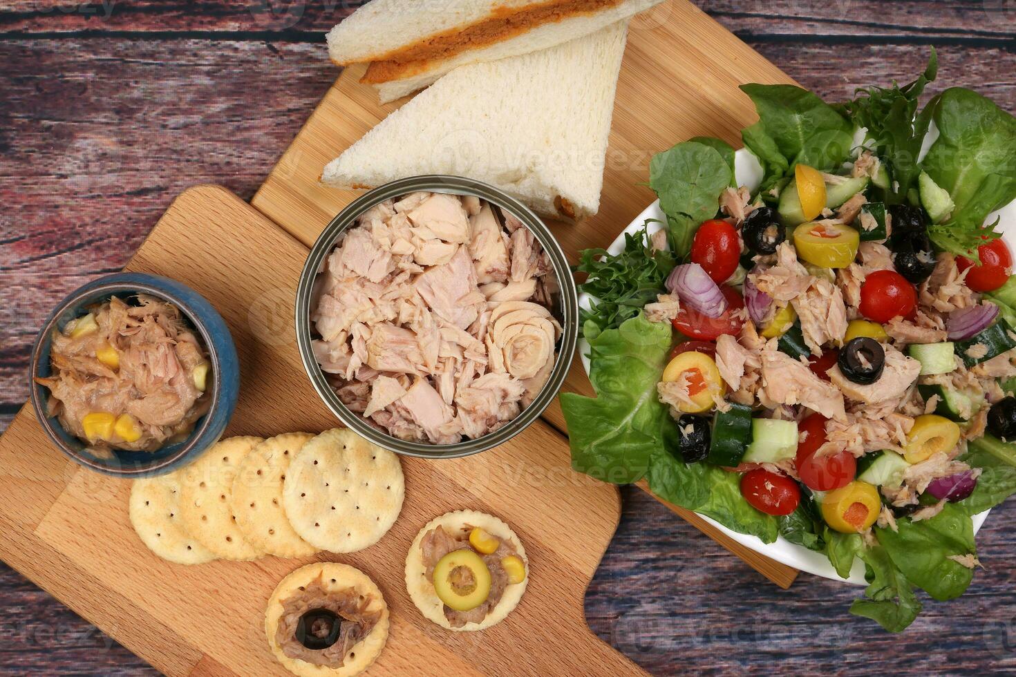 Tin can tuna fish meat chunk flake product recipes salad spread topping tapas cracker sandwich on wooden black slate board over rustic wooden table photo