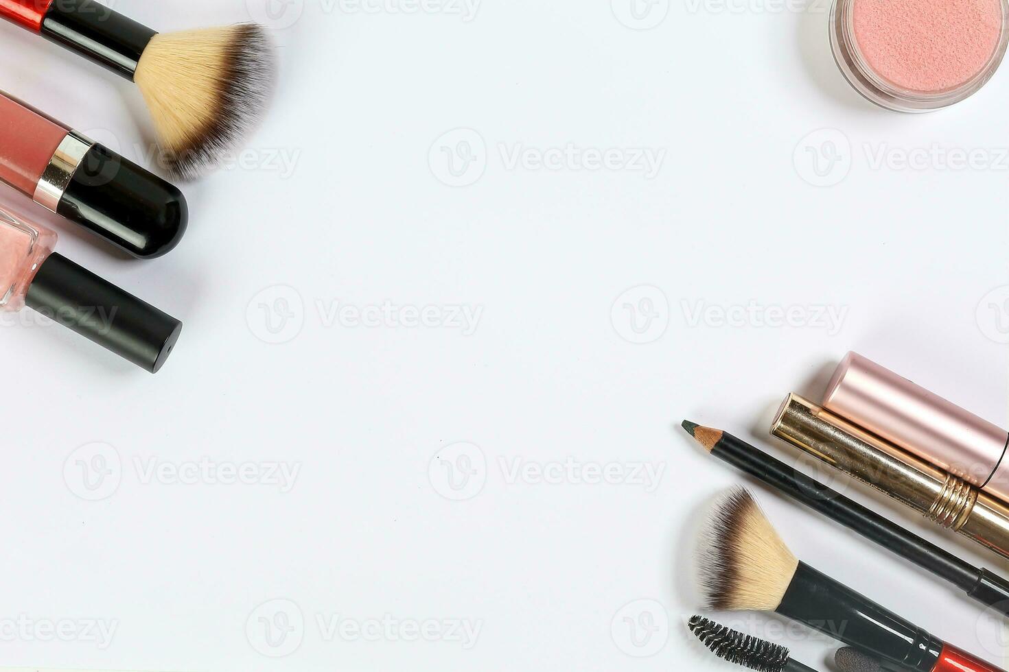 Beauty makeup face hair accessories beautician artist on white background copy space border frame top view photo