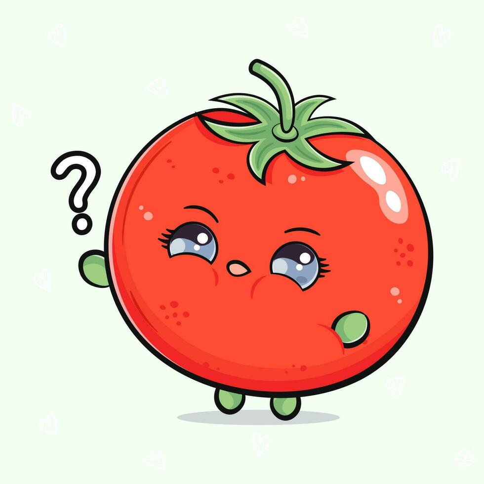 tomate y pregunta marca. vector mano dibujado dibujos animados kawaii personaje ilustración icono. aislado en ligero verde antecedentes. tomate personaje concepto