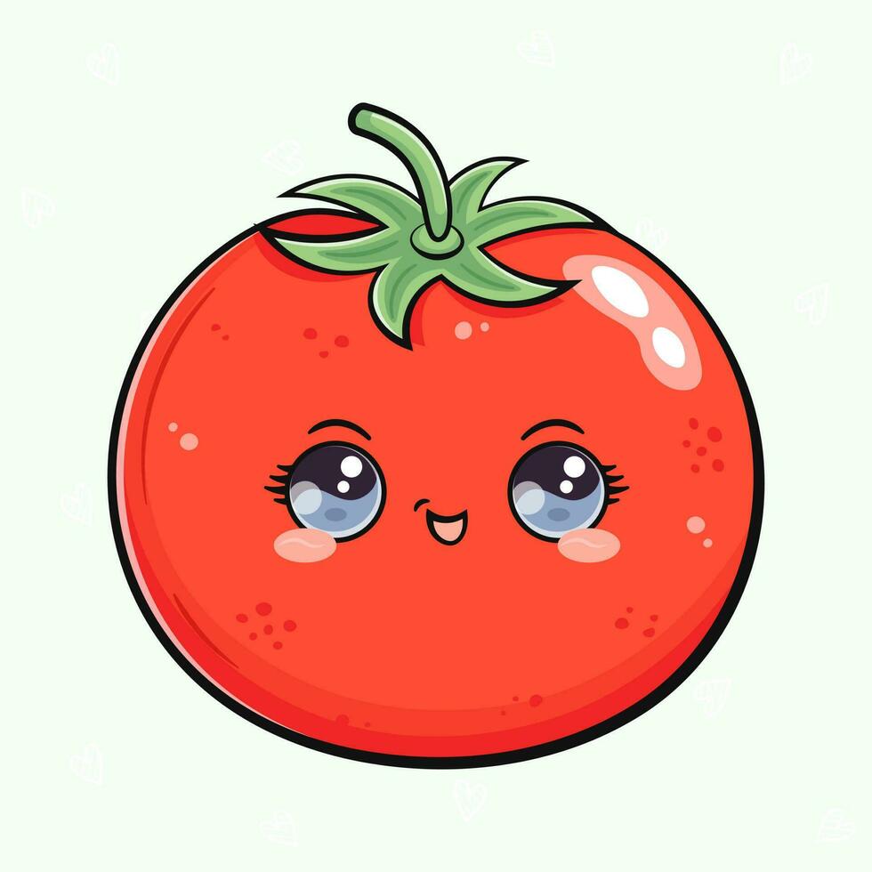 tomate personaje. vector mano dibujado dibujos animados kawaii personaje ilustración icono. aislado en ligero verde antecedentes. tomate personaje concepto