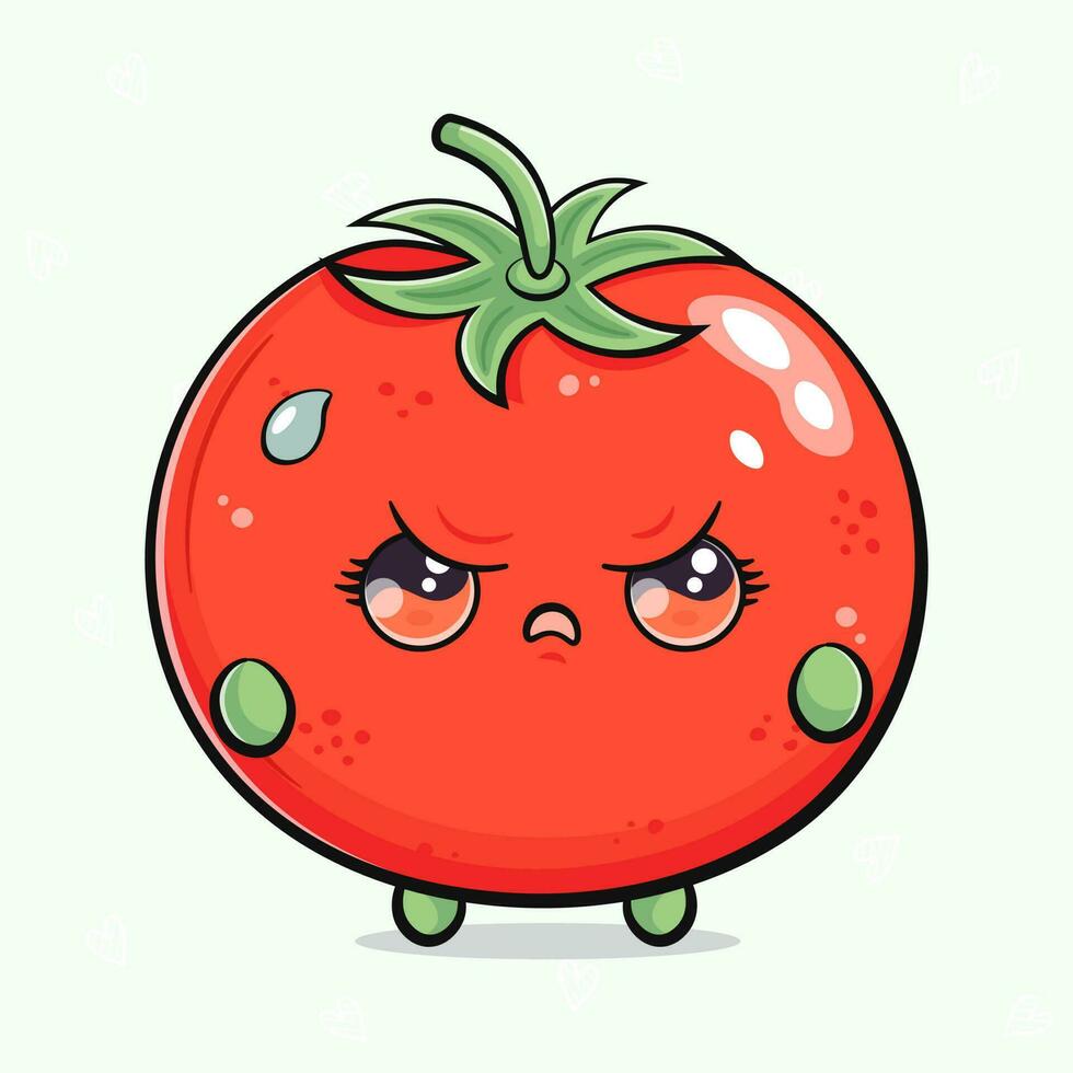 Cute angry Tomato character. Vector hand drawn cartoon kawaii character illustration icon. Isolated on light green background. Sad Tomato character concept