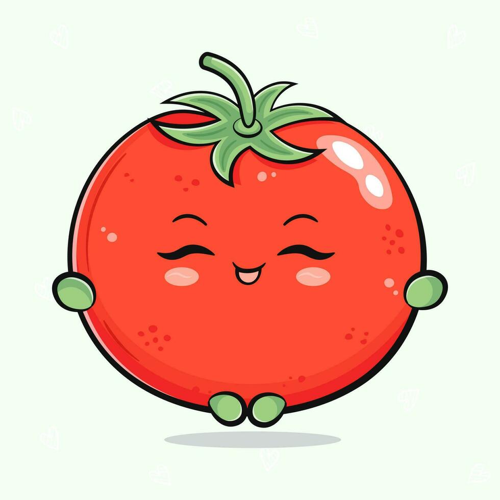 Cute funny Tomato doing yoga character. Vector hand drawn traditional cartoon vintage, retro, kawaii character illustration icon. Isolated on light green background. Tomato relax character