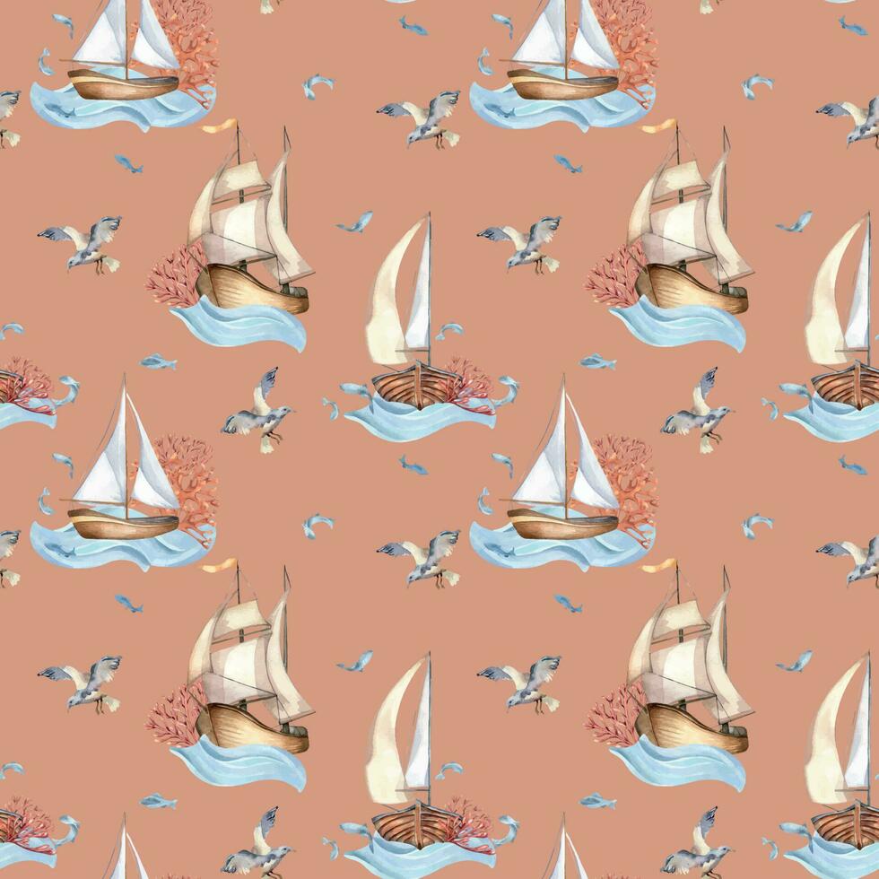 Seamless pattern of sailing ship vintage style watercolor illustration isolated on beige. Sailboat, vessel on waves, coral, fish hand drawn. Childish design element, wallpaper, printed products vector
