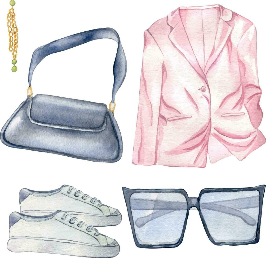 Set of woman's summer clothes watercolor illustration isolated on white. Woman's stylish outfit of jacket, sunglasses, bag hand drawn. Design for shop, sale, magazine, packaging, showcase, pattern vector